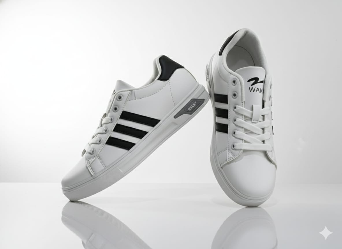 White sneakers with black stripes 
