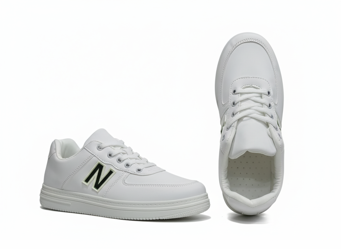 White sneakers with a black 'N' logo 