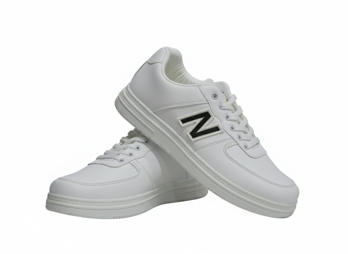 White sneakers with a text "N"